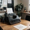 Typewriter and stack of papers on dark table in room Writer\'s workplace