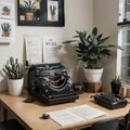 Typewriter and stack of papers on dark table in room Writer\'s workplace