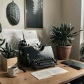 Typewriter and stack of papers on dark table in room Writer\'s workplace