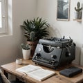 Typewriter and stack of papers on dark table in room Writer\'s workplace