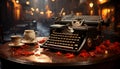 Typewriter table, old fashioned machinery, paper letter, rustic desk, still life generated by AI