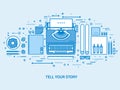 Typewriter on a table. Tell your story. Author. Blogging platform. Flat blue outline background. Line art vector