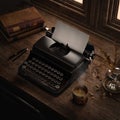 Typewriter vintage on wooden desk in old room with ancient books.Retro writers desk.Writer concept.