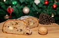 Typic German Christmas stollen with natural fermentation. handmade german panettone in selective focus. Royalty Free Stock Photo