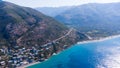 Typical Albanian landscape on the Adriatic shore with mountains. Sunny morning in Albania, Europe. Traveling concept