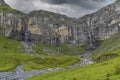 Typical alpine landscape with waterfalls, Swiss Alps near Klausenstrasse, Spiringen, Canton of Uri, Switzerland