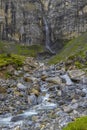 Typical alpine landscape with waterfalls, Swiss Alps near Klausenstrasse, Spiringen, Canton of Uri, Switzerland