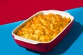 Typical American macaroni and cheese on blue and red background