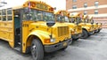 Yellow school buses in a courtyard in Astoria, Queens
