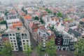 Typical Amsterdam houses in a foggy day from above