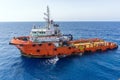 A typical anchor handling tug boat at oil field performing anchoe handling job