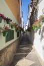 Typical Andalusian street adorned with pots and flowers in Estepona, Costa del Sol, Spain Royalty Free Stock Photo