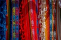 The typical andean fabrics sold on the handicrafts market of Otavalo, Ecuador Royalty Free Stock Photo