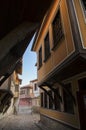 Typical architecture, historical Medieval houses, Old city street view with colorful buildings in Plovdiv, Bulgaria. Royalty Free Stock Photo