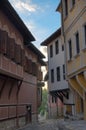 Typical architecture, historical Medieval houses, Old city street view with colorful buildings in Plovdiv, Bulgaria. Royalty Free Stock Photo