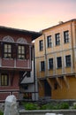 Typical architecture, historical Medieval houses, Old city street view with colorful buildings in Plovdiv, Bulgaria. Royalty Free Stock Photo