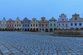 Typical architecture of Telc. View of colorful facade of renaissance buildings on the market square in Telc, the Czech Republic.