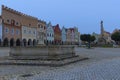 Typical architecture of Telc. View of colorful facade of renaissance buildings on the market square in Telc, the Czech Republic.