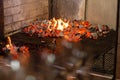 Typical Argentinian barbecue or asado. Burning wood in the grill and red hot coals Royalty Free Stock Photo