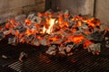 Typical Argentinian barbecue or asado. Burning wood in the grill and red hot coals