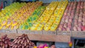 Typical Asian fruit market. Fresh tropical fruits are on the market window. Healthy, organic food