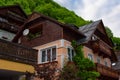 Typical Austrian Alpine house with bright flowers, Hallstatt, Austria, Europe