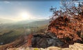 Typical autumn landscape. Hills and villages with foggy fall valley Royalty Free Stock Photo