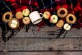 Typical Autumn Picnic Background Autumn Still Life With Blanket Appples and Cookies Tea Mug Wooden Background Copy Space Royalty Free Stock Photo