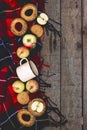 Typical Autumn Picnic Background Autumn Still Life With Blanket Appples and Cookies Tea Mug Wooden Background Copy Space Royalty Free Stock Photo