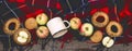 Typical Autumn Picnic Background Autumn Still Life With Blanket Appples and Cookies Tea Mug Wooden Background Long