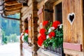 Typical bavarian or austrian wooden window with red geranium flowers on house in Austria or Germany
