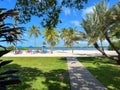 A typical beach restaurant with colorful tables, chairs and umbrellas in the Florida Keys Royalty Free Stock Photo