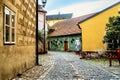 Typical beautiful cobblestone street in the old town of Cesky Krumlov, Czech Republic