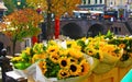 Typical beautiful dutch city flower market, bouquets of bright yellow sunflowers at water canal gracht, blurred bridge - Utrecht, Royalty Free Stock Photo