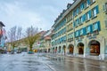 Typical Bernese townhouses with walking arcades and stores on the ground floors, on March 31 in Bern, Switzerland