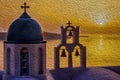 Orthodox church and bells at sunset in Santorini Royalty Free Stock Photo