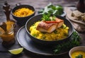 Typical Brazilian dish with grouper saffron rice farofa porao and pepper sauce