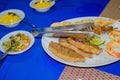 Typical brazilian dish with meat, shrimps, skewer, yucca and cassava, Porto Seguro, Bahia, Brazil Royalty Free Stock Photo