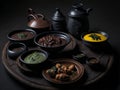 Typical Brazilian foods placed in clay pots and on a metal plate of a traditional wood stove. Ai Generated