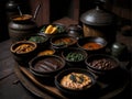 Typical Brazilian foods placed in clay pots and on a metal plate of a traditional wood stove. Ai Generated