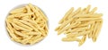 Typical Calabrian pasta called Maccheroncini or Maccheroni in ceramic bowl isolated on white background. Top view. Flat Royalty Free Stock Photo
