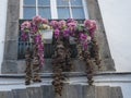 Typical Canarien lava stone window with white flower boxes decorated with pink orchid flowers and dry fig fruits Royalty Free Stock Photo