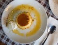 Typical catalan creme dessert flan con nata with caramel crust