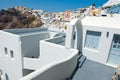 Typical caved house with patio in Fira town on the Santorini (Thira) island in Greece.
