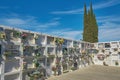 Typical cemetery in Spanish village Montras in a sunny day. 10. 03. 2019 Spain