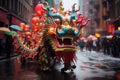 Typical Chinese dragon in the street. Worn by dancers in Chinese