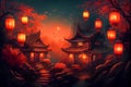 typical chinese old house with chinese lanterns at night. Generative AI, Generative, AI Royalty Free Stock Photo