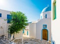 Typical church with blue dome in Lefkes Royalty Free Stock Photo