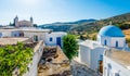 Typical church with blue dome in Lefkes Royalty Free Stock Photo