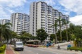 Typical cityscape in Singapore in Southeast Asia. Buses taxis skyscrapers